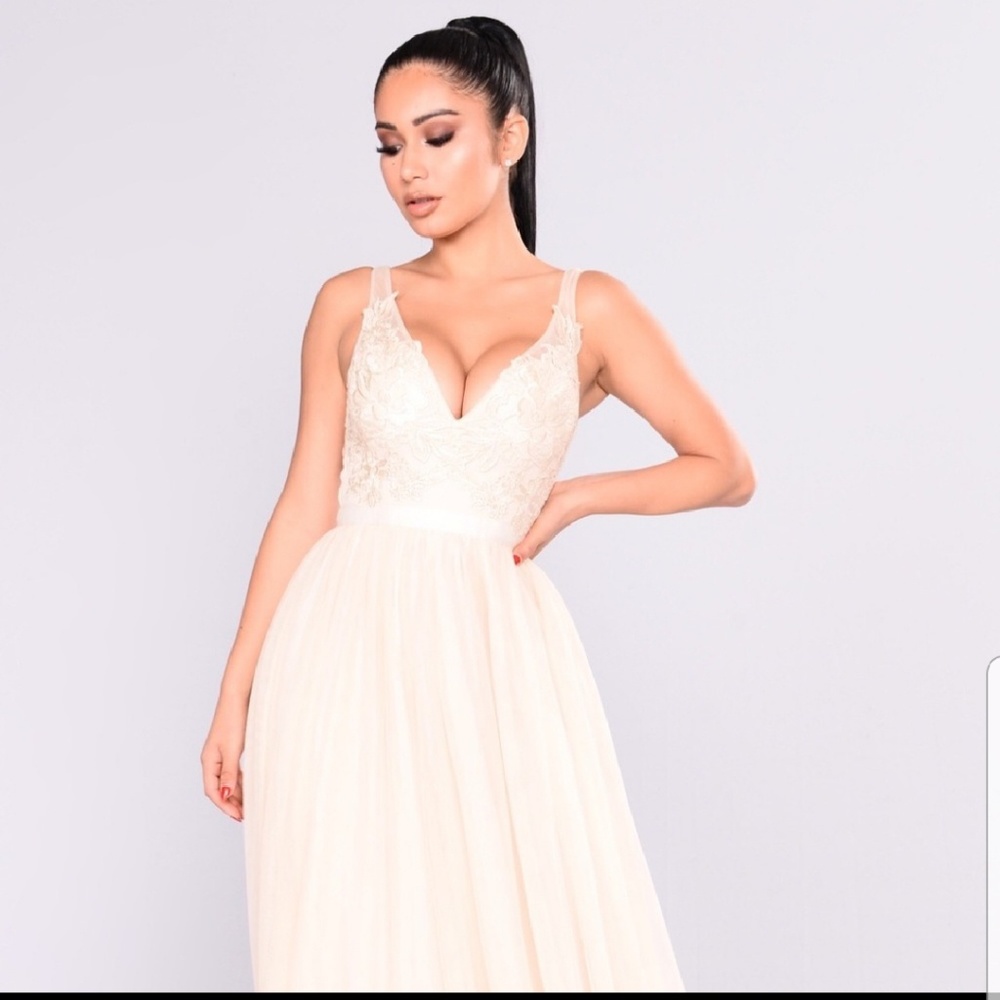 Fashion Nova magical moments lace dress in beige